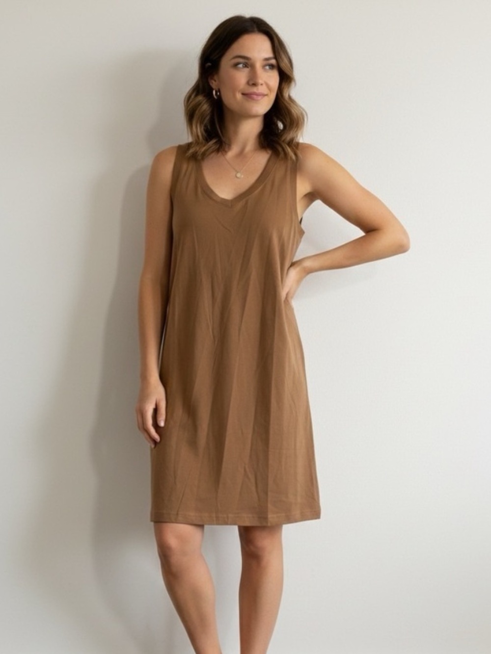 Pact 100% Organic Cotton Earth Tone Brown Softspun Tank V-Neck Shift Dress